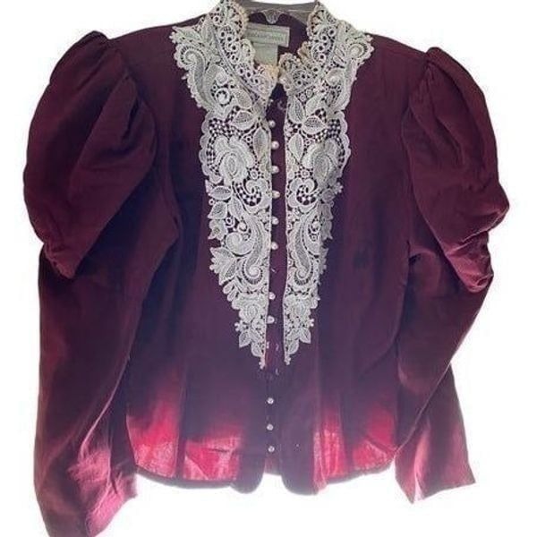 Vintage, Jessica McClintock, burgundy lace trim, puffy sleeve button-down blouse