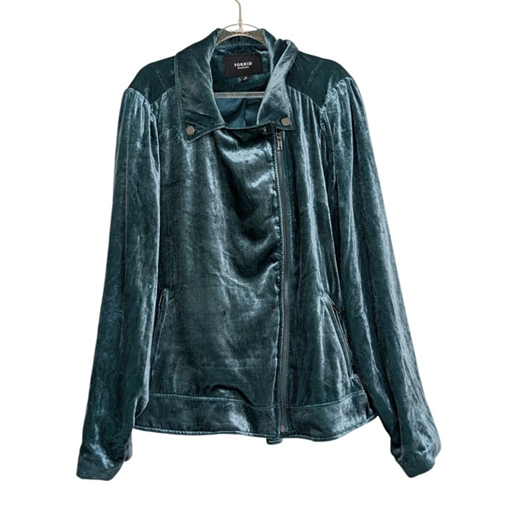 Torrid Velvet Moto Jacket Womens Size 3X Green Pockets Casual Full Zip Lined