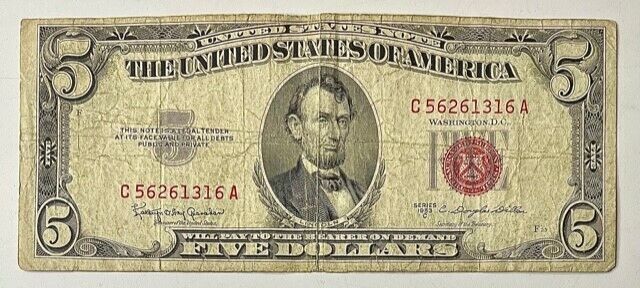1953-316 A Five Dollar RED Seal STAR US Bill 5 Circulated