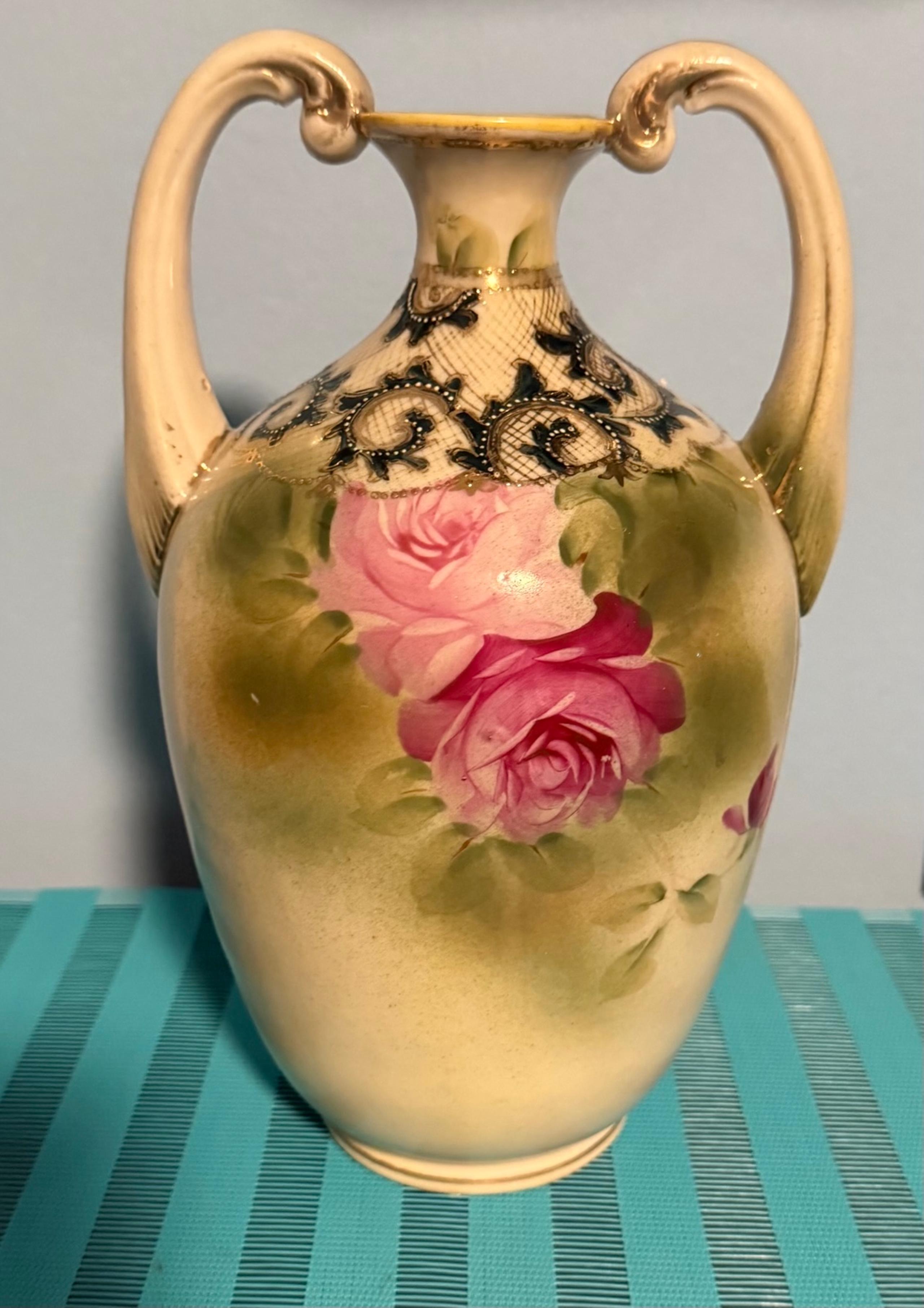 Antique Nippon Dbl Handled Bulbous Vase Pink Roses Gold Gilt & Beading.