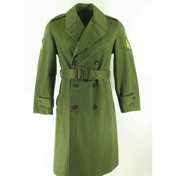 Vintage 50s US Army Sateen Overcoat S Green Military Chevron 1st Corp Patches