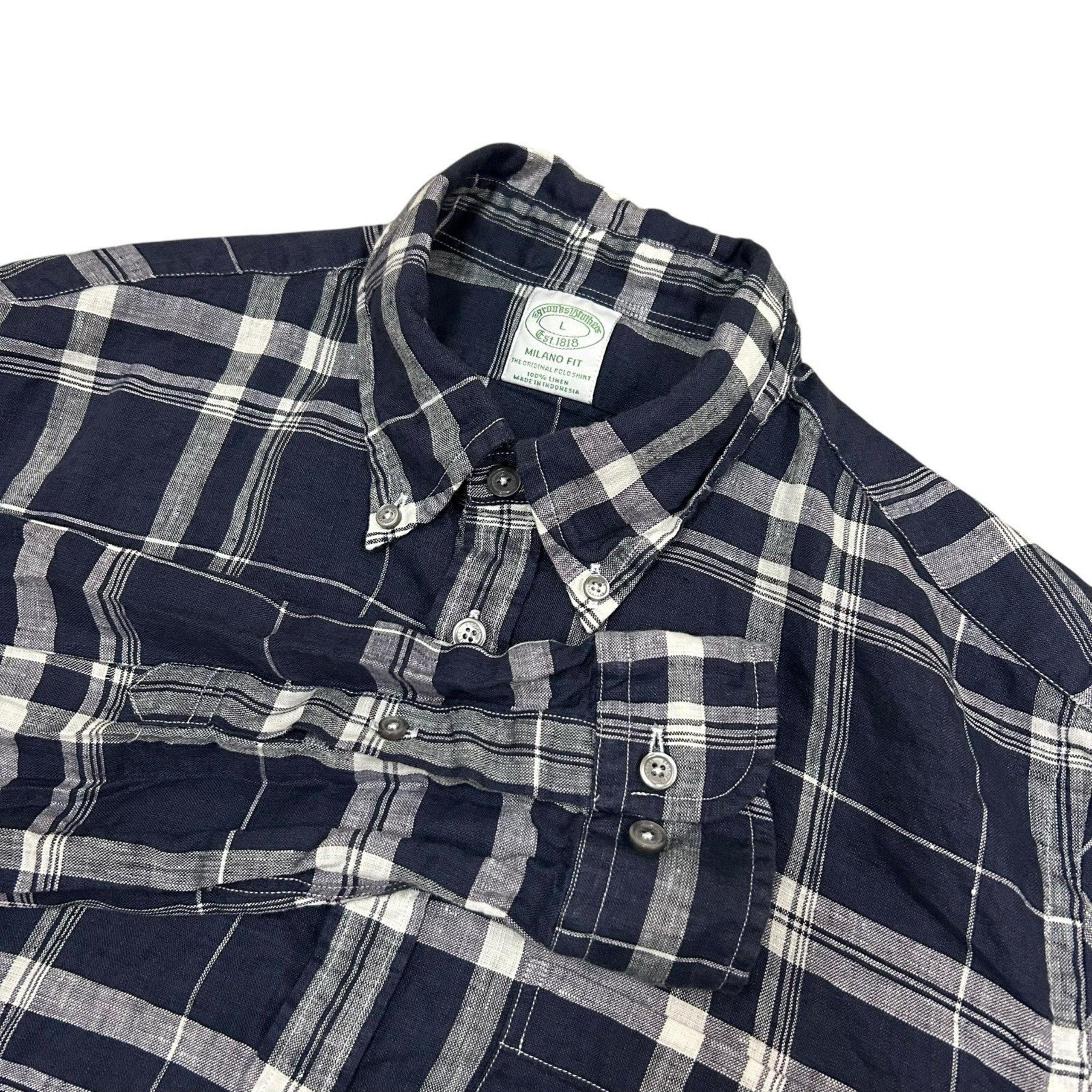 Brooks Brothers Milano Fit Linen Button Down Shirt Men's Large Blue Gray Plaid