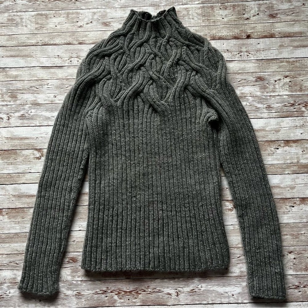 Hand Knit Turtleneck Sweater Grey Green Size Small
