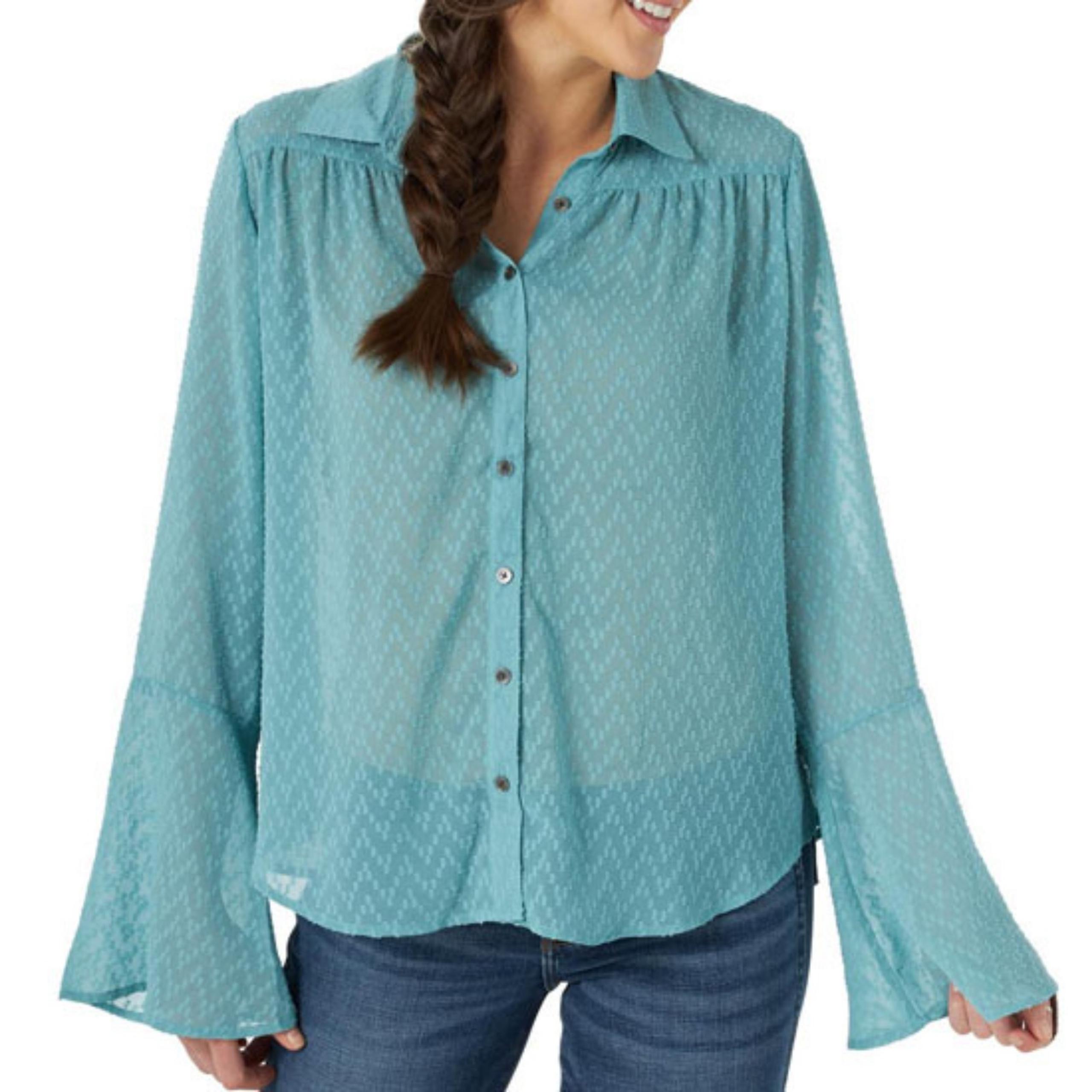 Wrangler retro teal sheer button-up blouse size large
