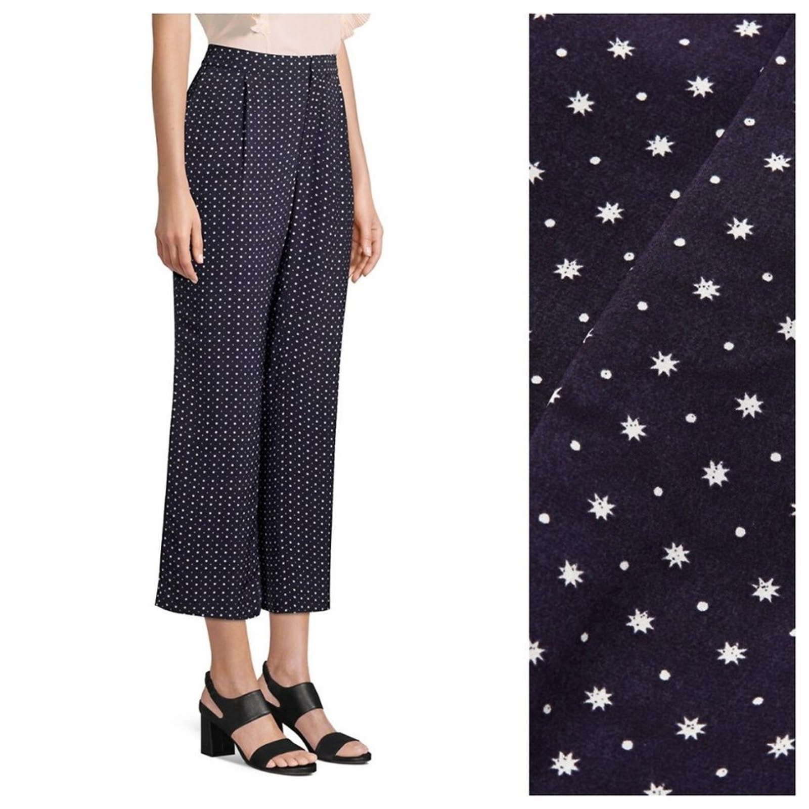 Joie Dicra Cropped Wide Leg High Waist Pants Navy Polka Dot Sunburst Print