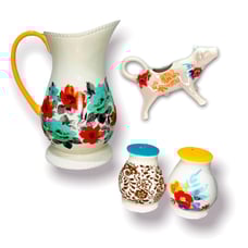Pioneer Woman Floral Flea Market Pitcher, cow creamer & Salt Pepper Shakers Set