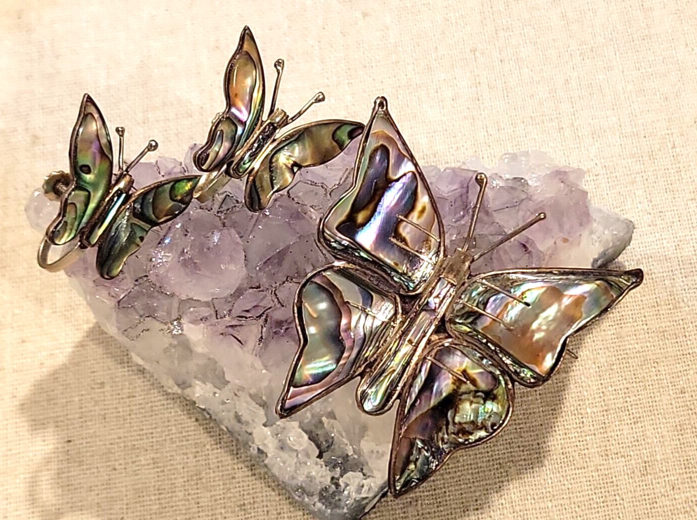 MEXICO SIGNED Abalone Butterfly Brooch Earrings Rare Set Vintage Sterling Silver