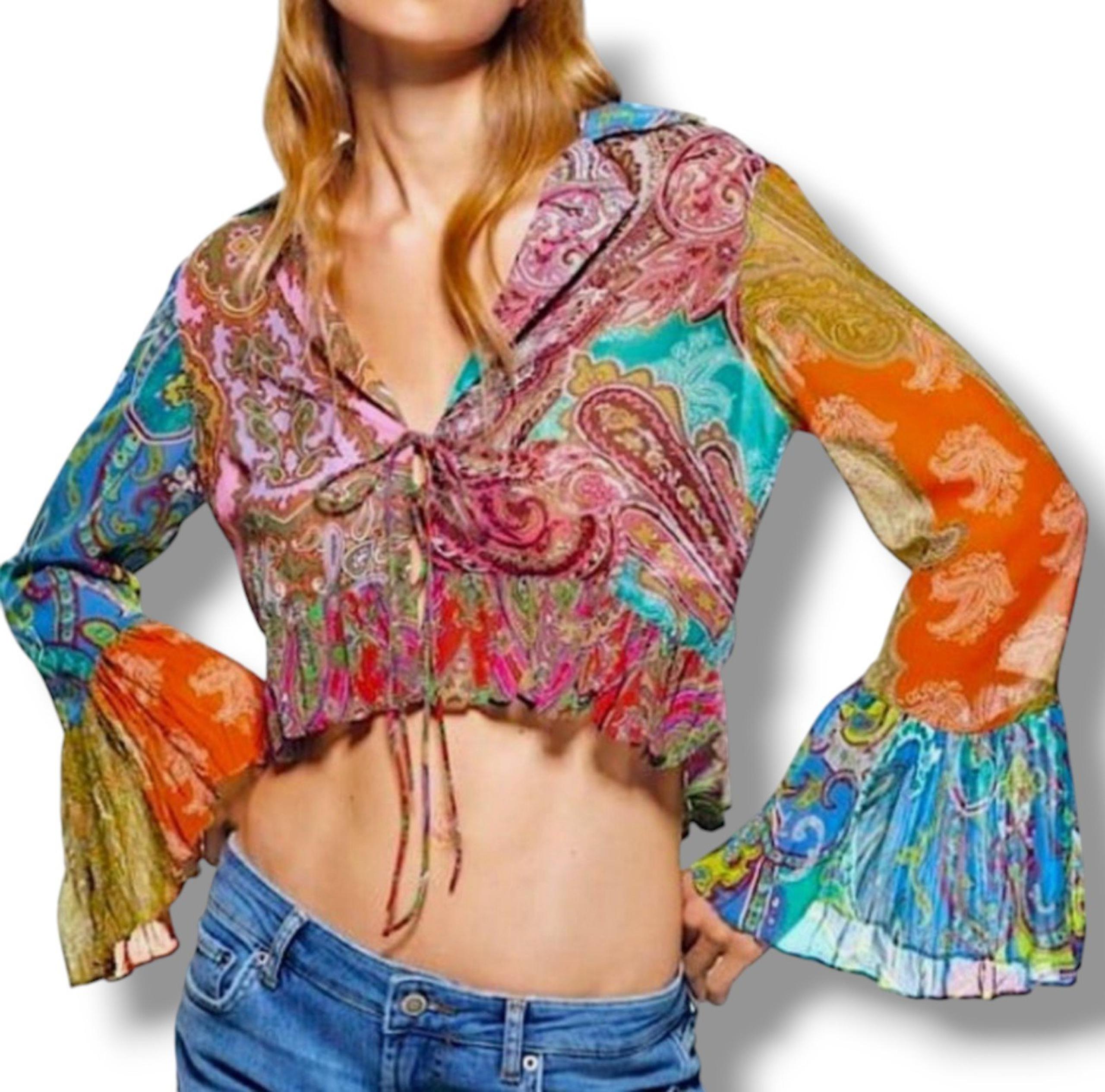 Zara Patchwork Cropped Multicolor Paisley Print Boho Blouse Top L