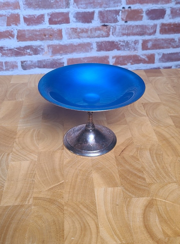 Reed & Barton 141 Silver Plate with Blue Enamel Pedestal Candy Nut Dish Compote