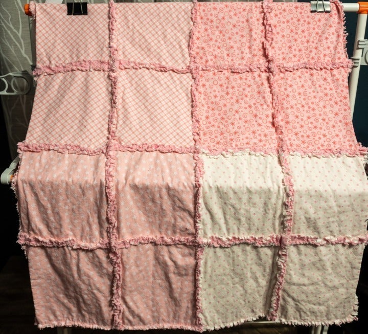 Baby Quilt-Handmade, Pink, Shapes Dots Swirls Gingham, Rag, Child, Crib Blanket