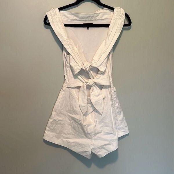 Majorelle Women's White Linen Blend Front Tie Off The Shoulder Romper