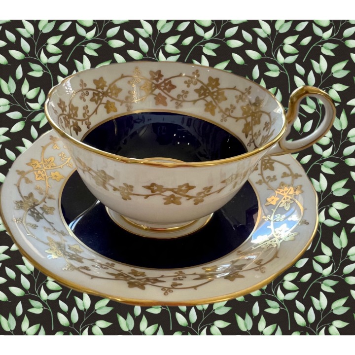 Vintage Aynsley Dark Cobalt Blue And Gold Gilt Tea Cup And Saucer