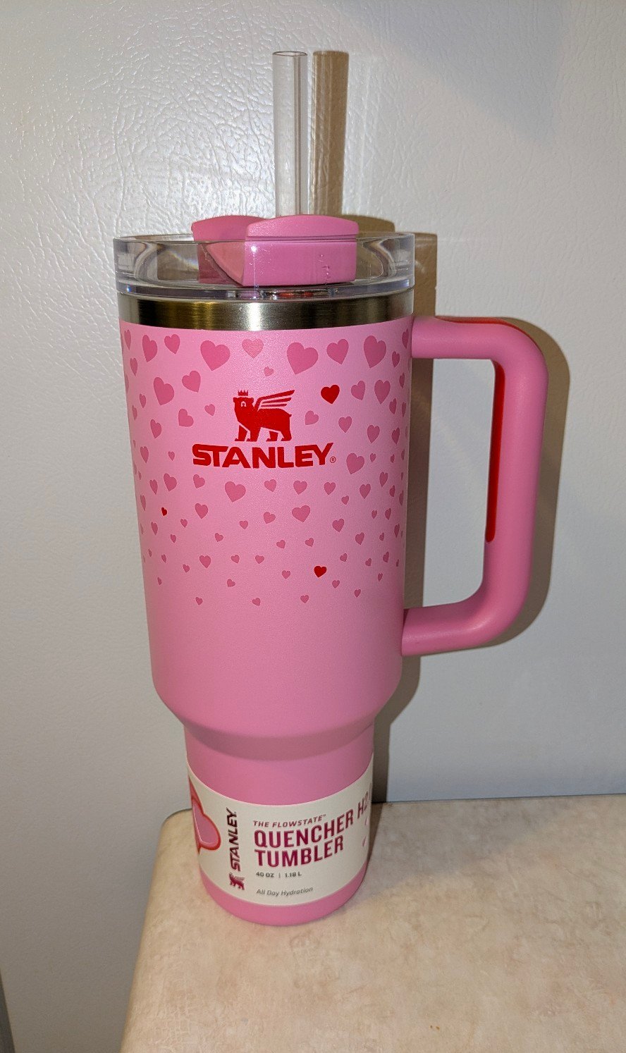 NEW pink heart Stanley tumbler Valentine's Day 2025 Release. NEVER USED