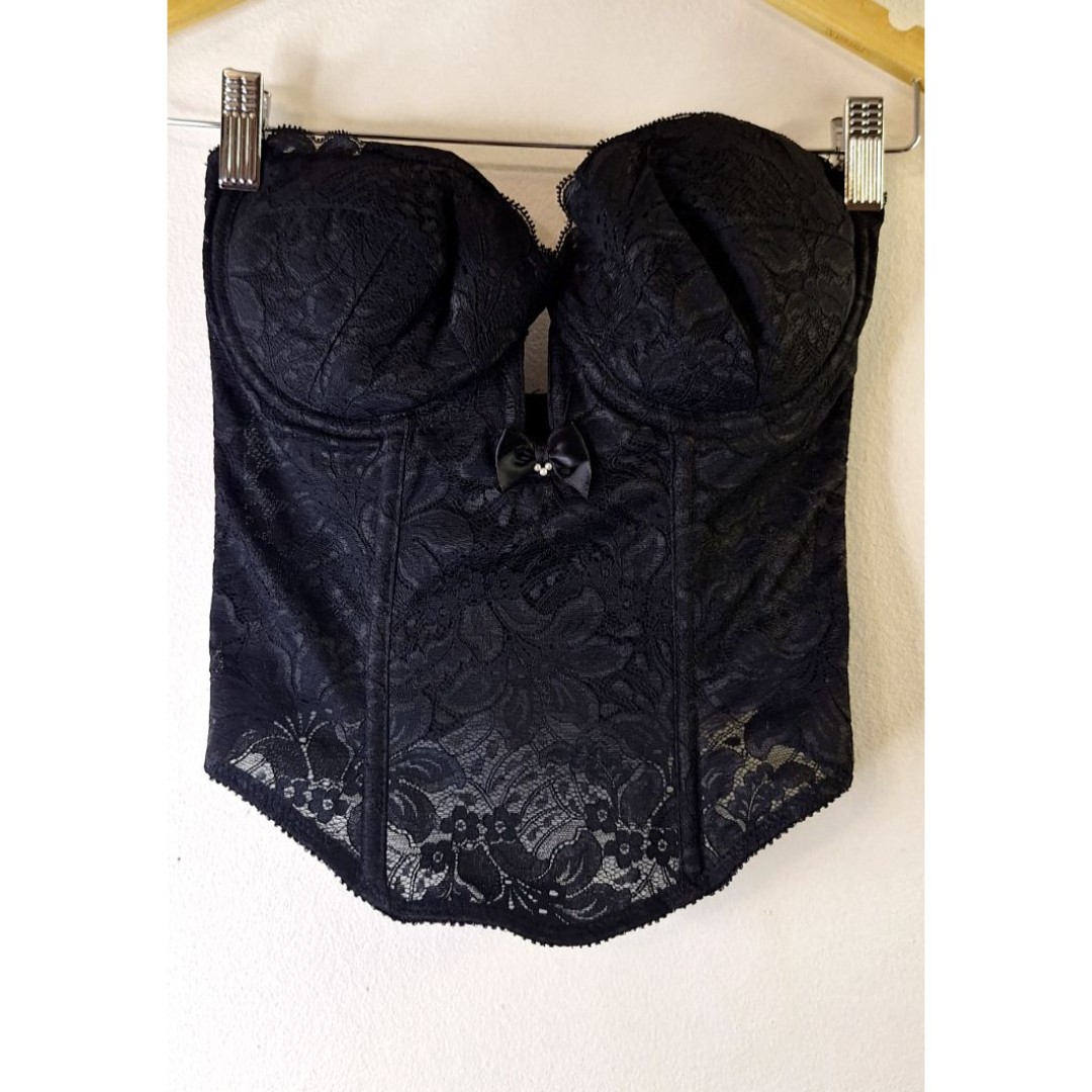 Vtg VA BIEN Black Lace Hourglass Strapless Bustier/Corset Top Sz 34C Cyber Grung