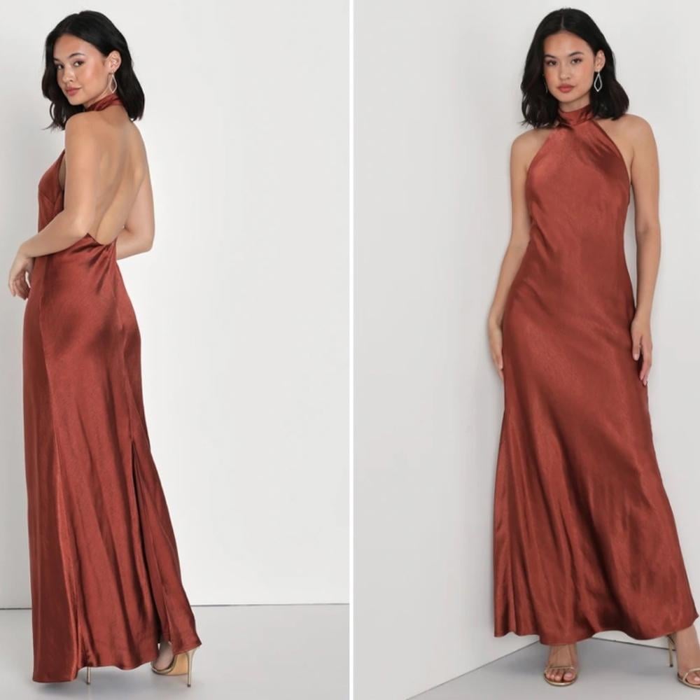 LULU's Sexy Prom Wedding Bridesmaid Satin Open Back Halter Maxi Dress NWOT