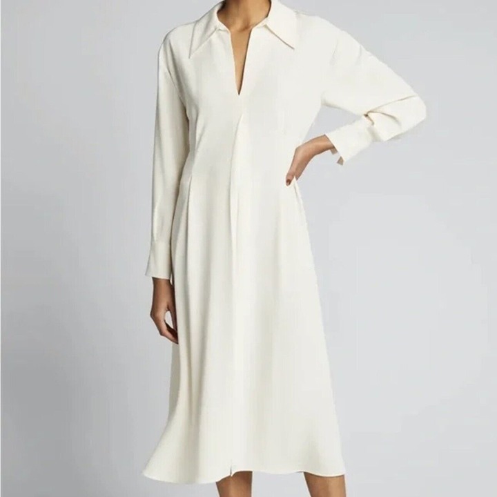 425 Vince Long-sleeve Draped Collar Midi Dress White Size 2 EU 6402 Cruise