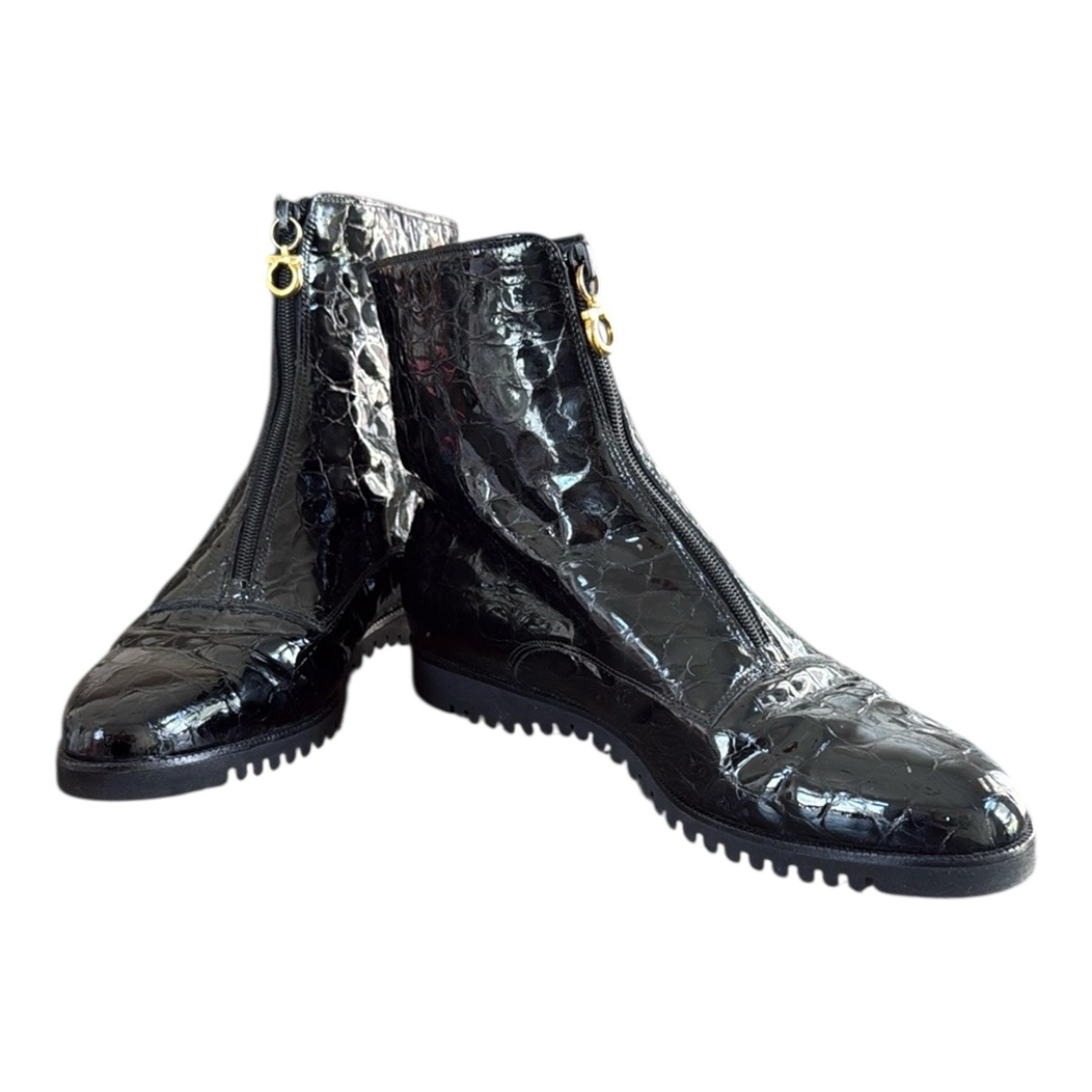 Salvatore Ferragamo Croc-Embossed Patent Leather Ankle Boots – Size 9B