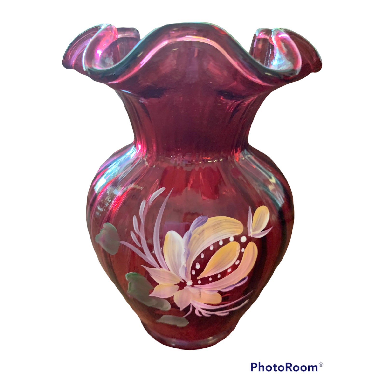 Fenton Glass Cranberry Hand Painted Floral Ruffled Panel Vase Signed D. Cutshaw