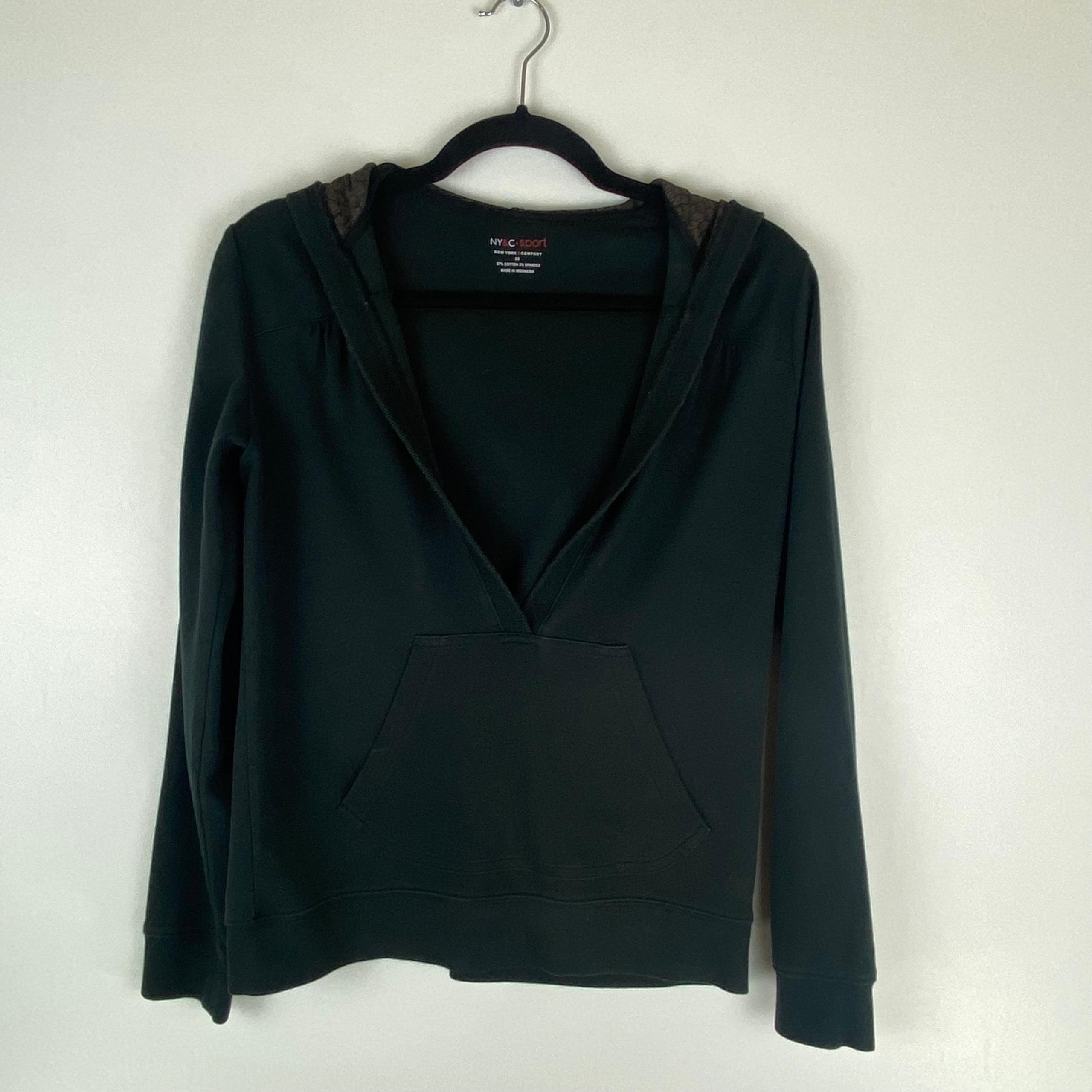 New York & Company Sport Womens X Small Hoodie Sweatshirt Plunging Neck Black