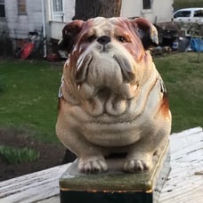 Takahashi ceramic crackle bulldog figurine on plinth