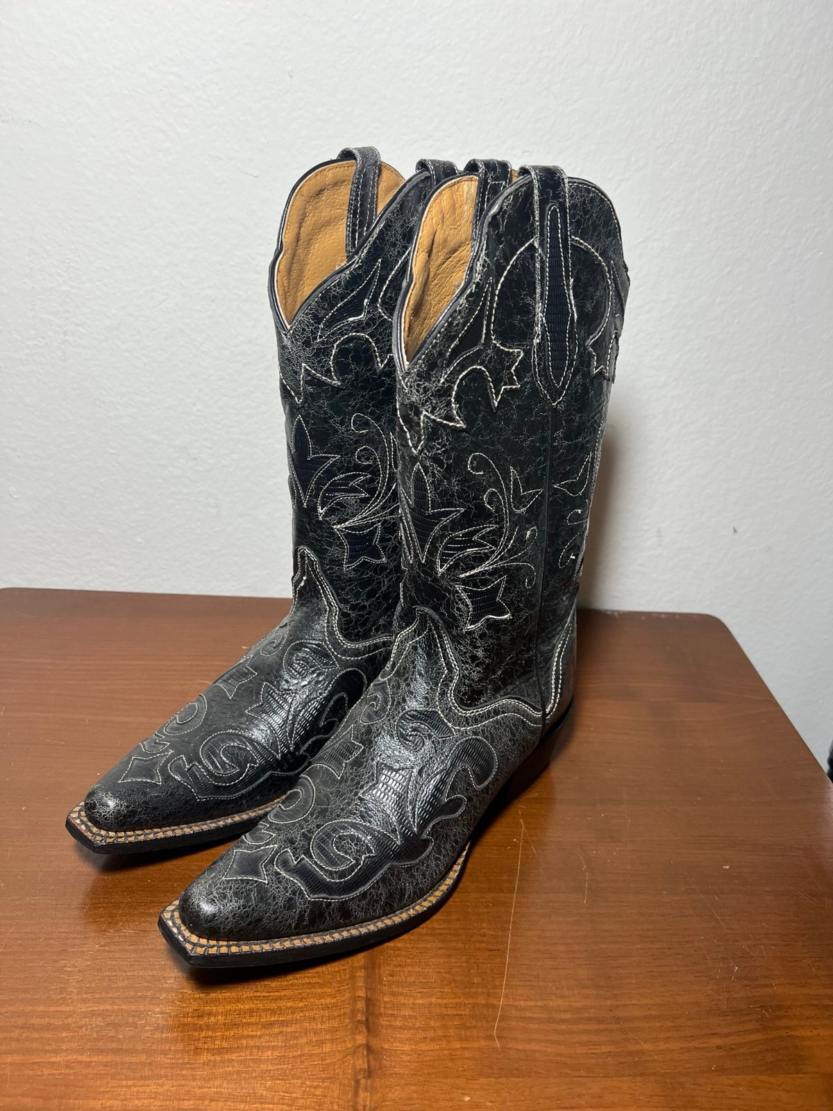 J.B. DILLON Goat Black Leather Point Toe Western Cowgirl Boots JBW2200 Size 8