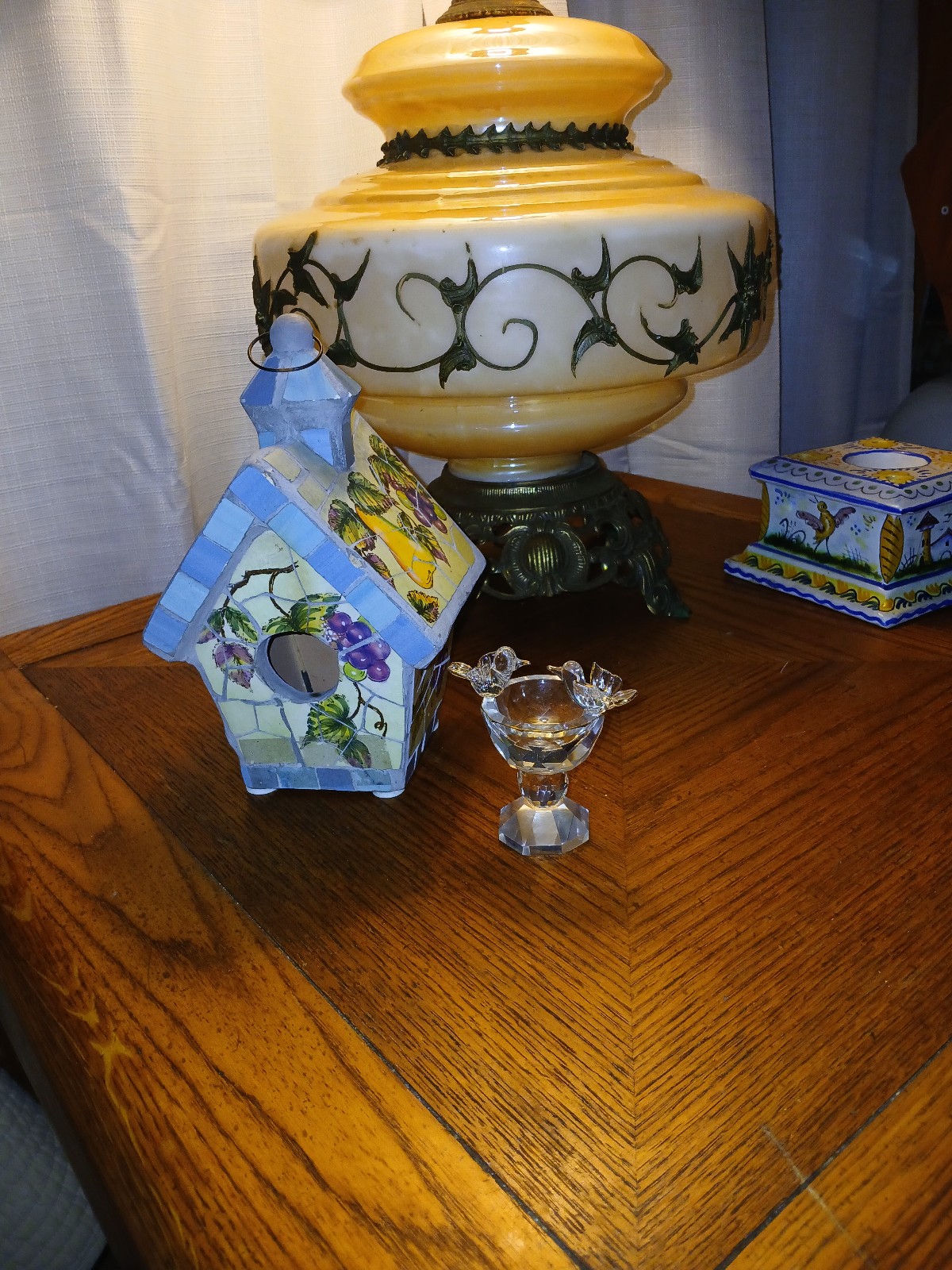 Mosaic Tile Birdhouse with Crystal Birdbath