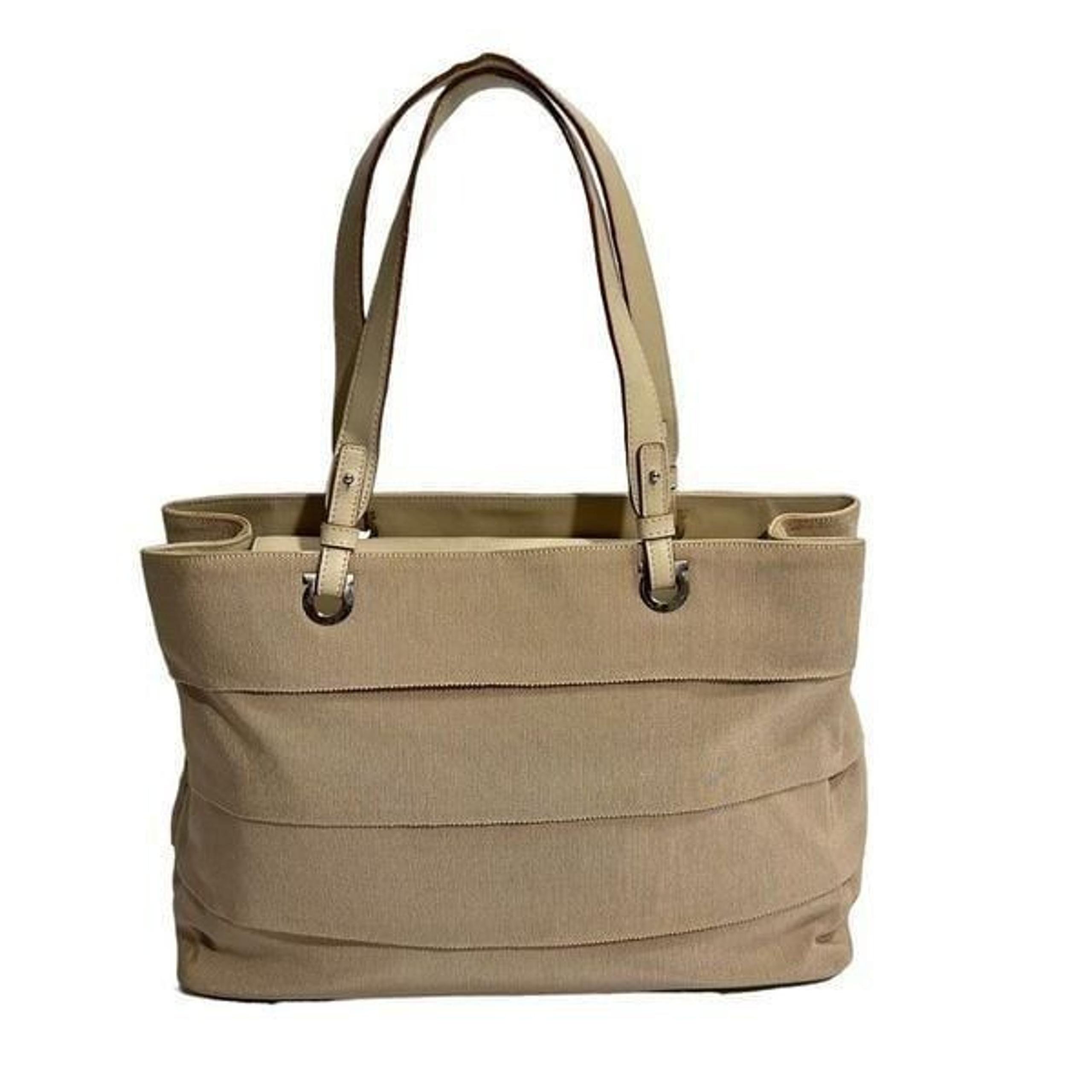 Salvatore Ferragamo Authentic Tan Tiered Nylon Grossgrain Shoulder Bag