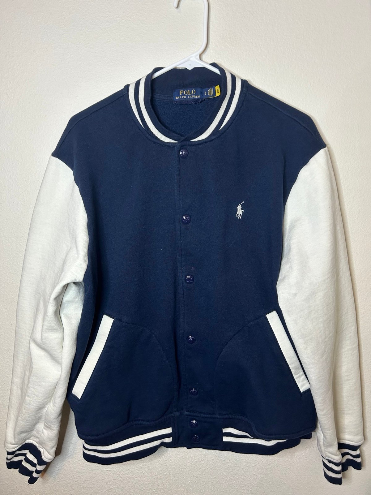 Polo Ralph Lauren Varsity Button Up Jacket Navy Blue And White Size Large