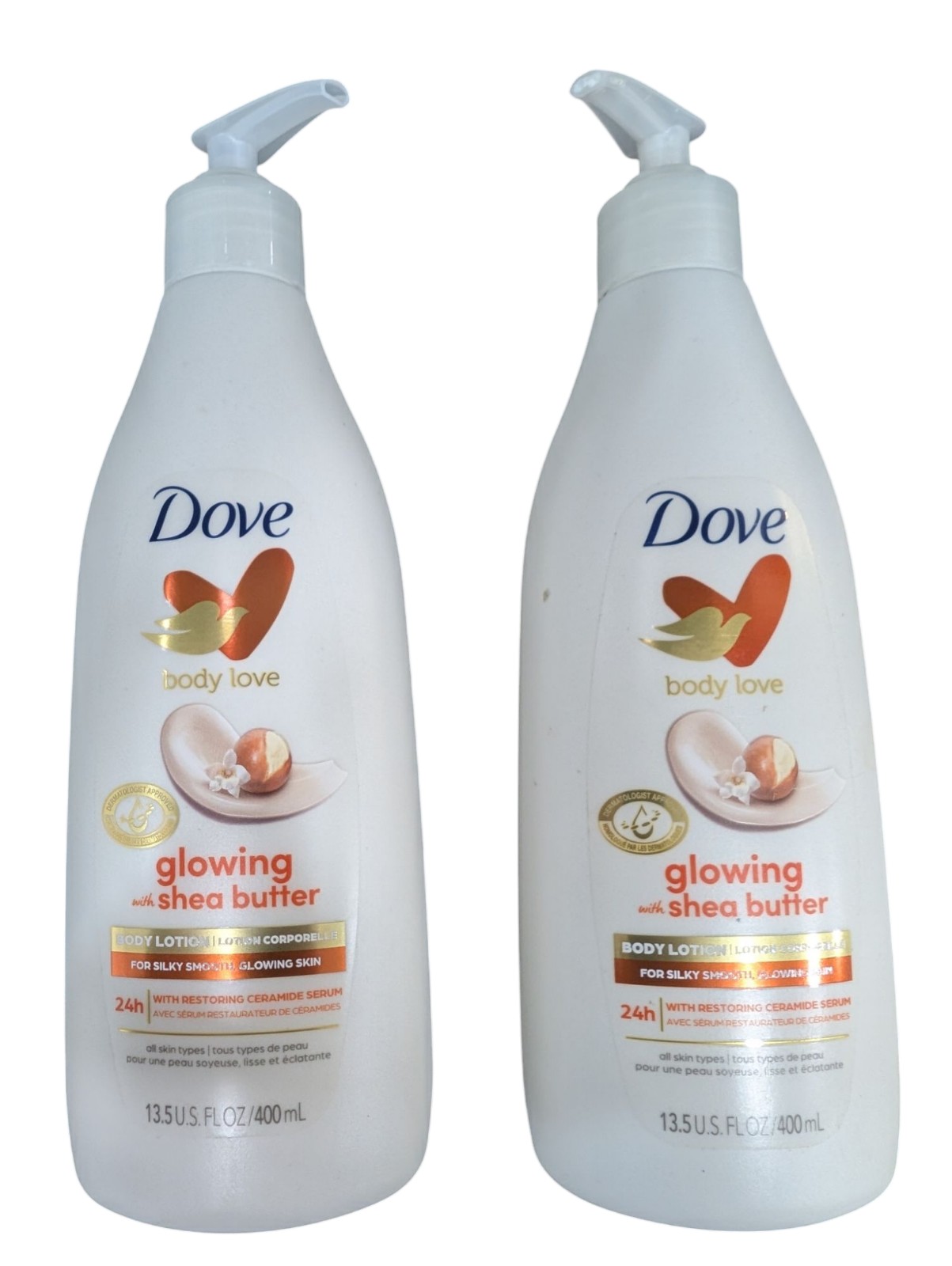 Lot of 2 Dove Body Love Glowing Lotion with Shea Butter 13.5 fl oz Pump Bottle