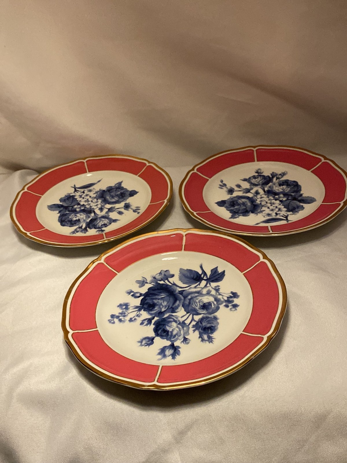 Vintage RALPH LAUREN Lattice Floral Blue Pink 8.5 PLATES Set Of 3