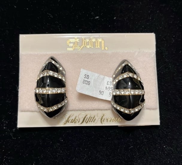 VTG ST. JOHN Black Enamel and Diamante Gold Plated Clip Earrings