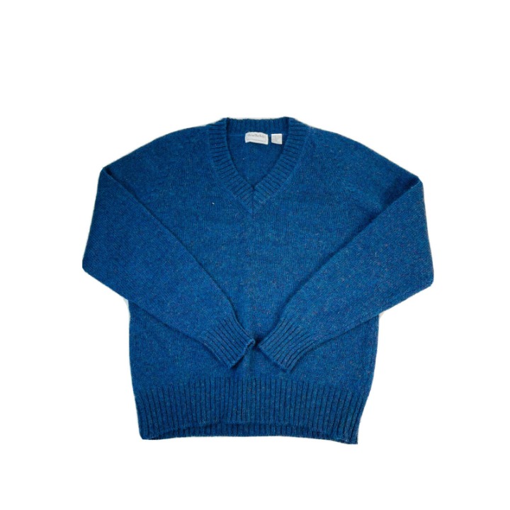 Vintage 70s Mens Large Lightweight Wool V Neck Sweater Navy Blue