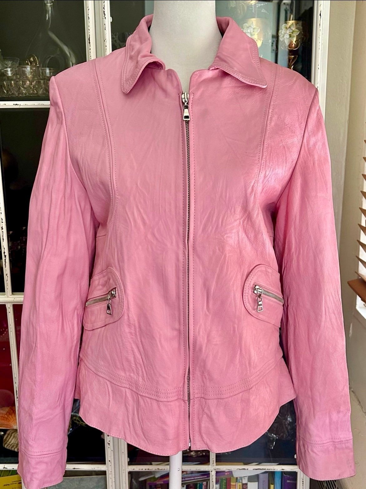 Apanage - Pink Semi-Wrinkled Leather Jacket w/ Front Zipper Pockets - 8