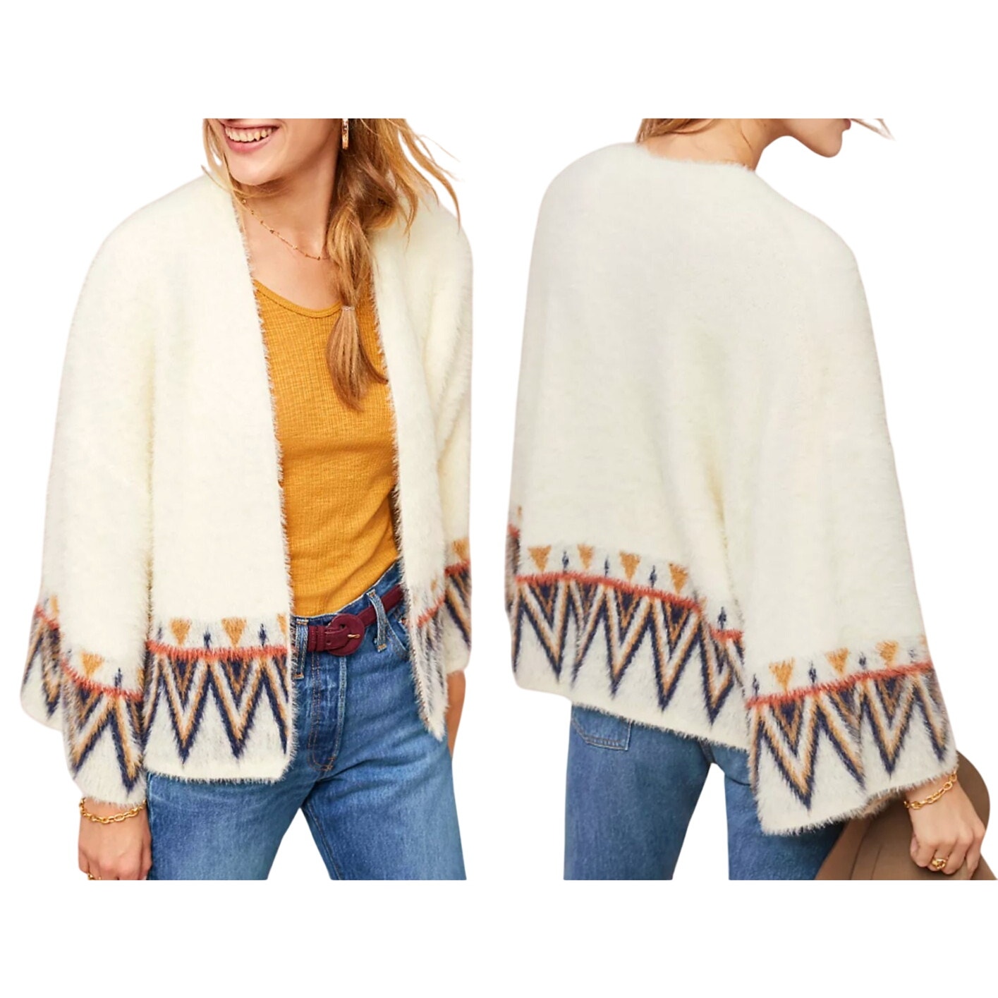 Baciano Women's Tribal Eyelash Open Front Kimono Style Cardigan Size Large