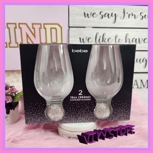 {BEBE} Set of 2 Stemless {Glasses} Crystals 19 oz. ( 562 ml ) NWT Z6639