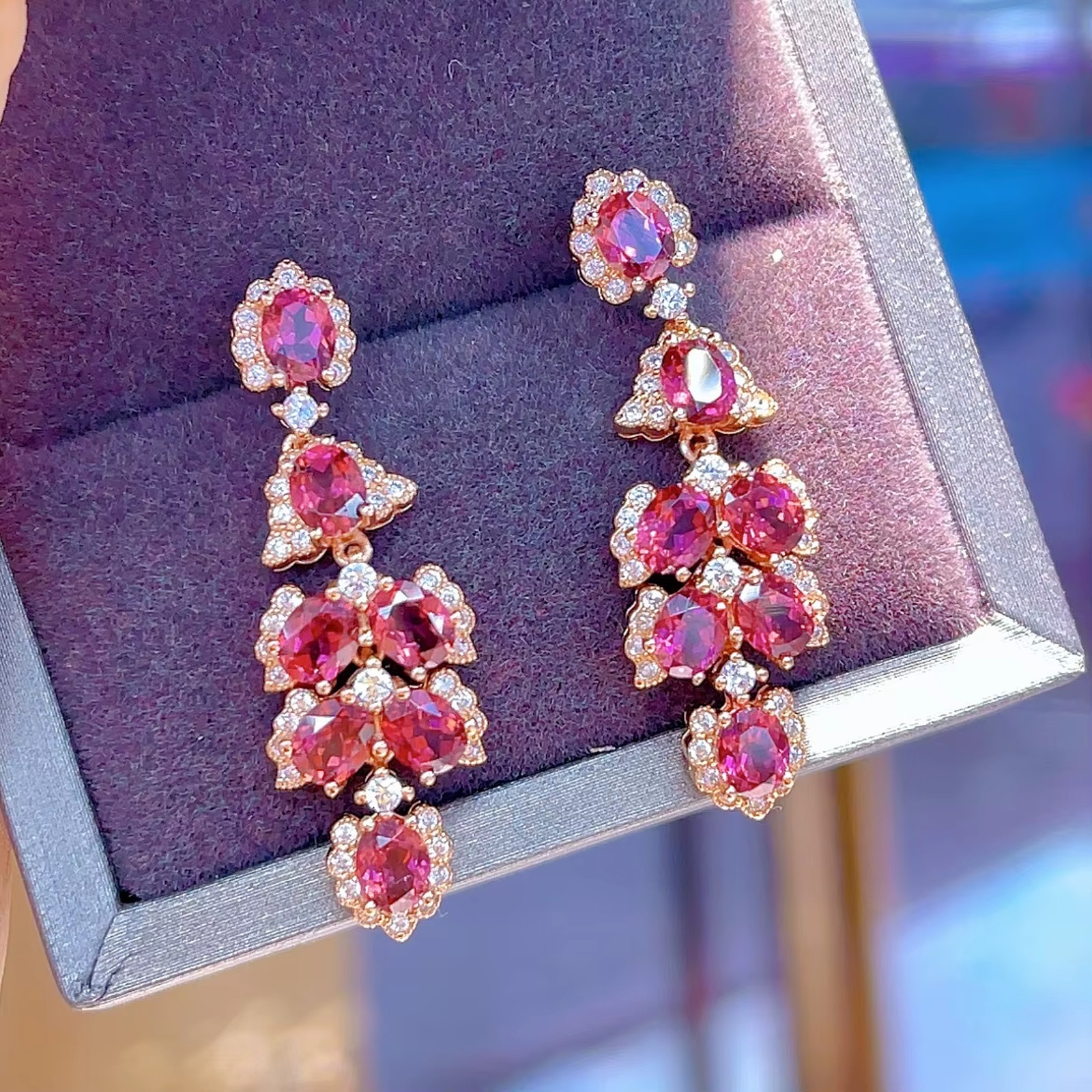 Natural Rhodolite Garnet Statement Earrings, Pink Garnet Earrings Rose Gold