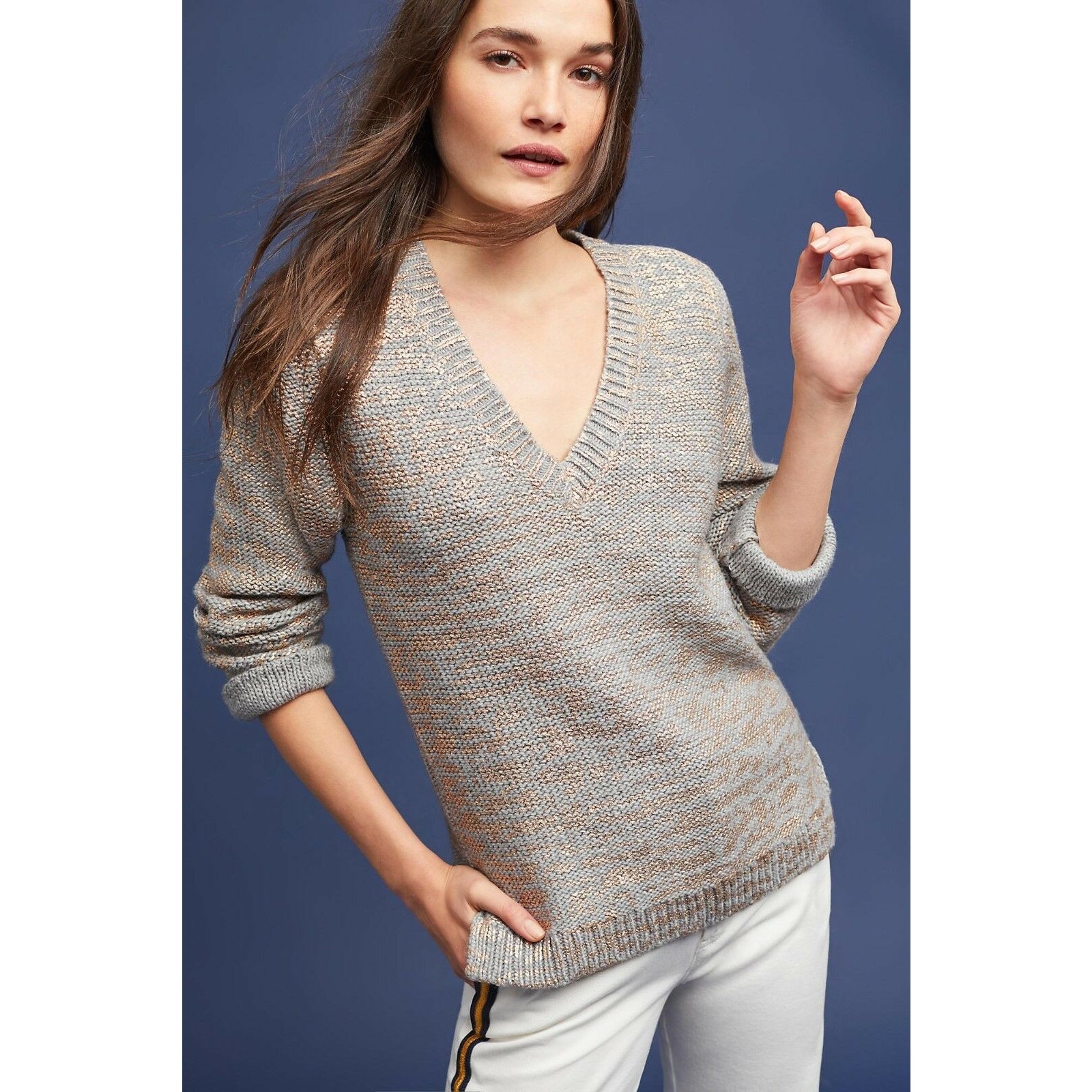 New Anthropologie Maggie Pullover By Seen Worn Kept 198 Gray with Painted Gold