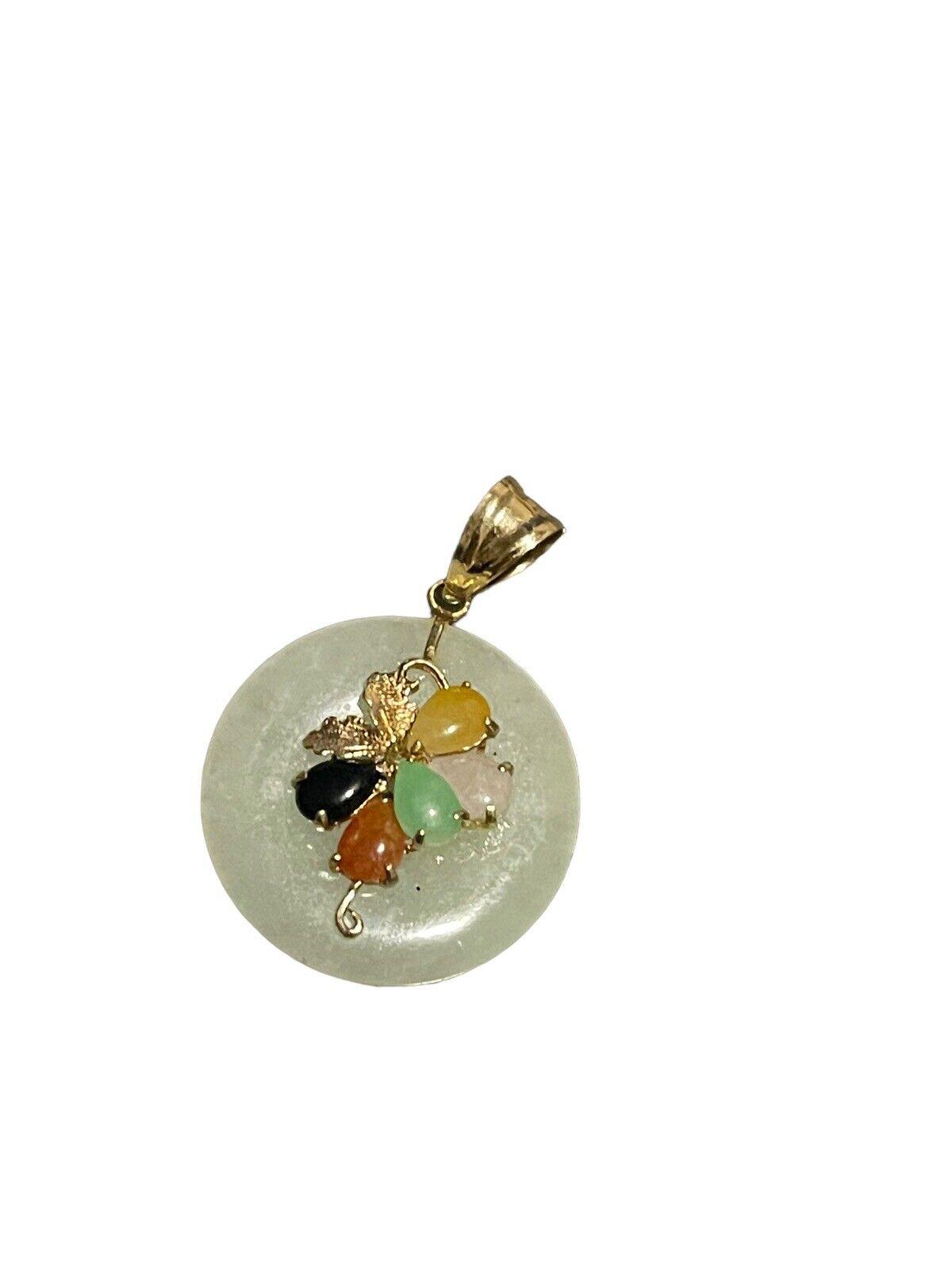14k Gold Orange Jade Donut Pendant Flower Gemstone Cluster Center Vtg 1.25 Tall