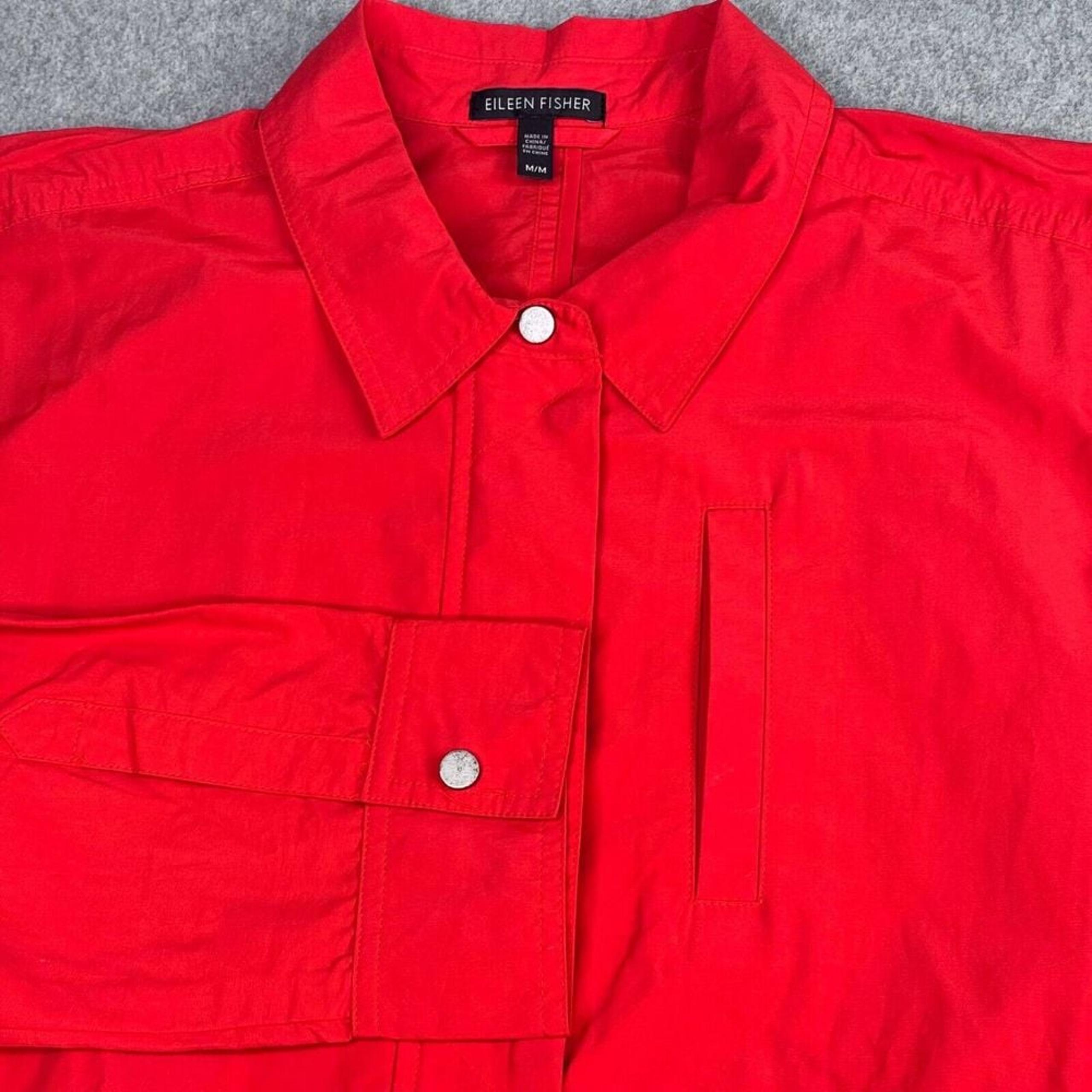 Eileen Fisher Rain Coat Jacket Windbreaker Size Medium Red Pockets Cinched Waist