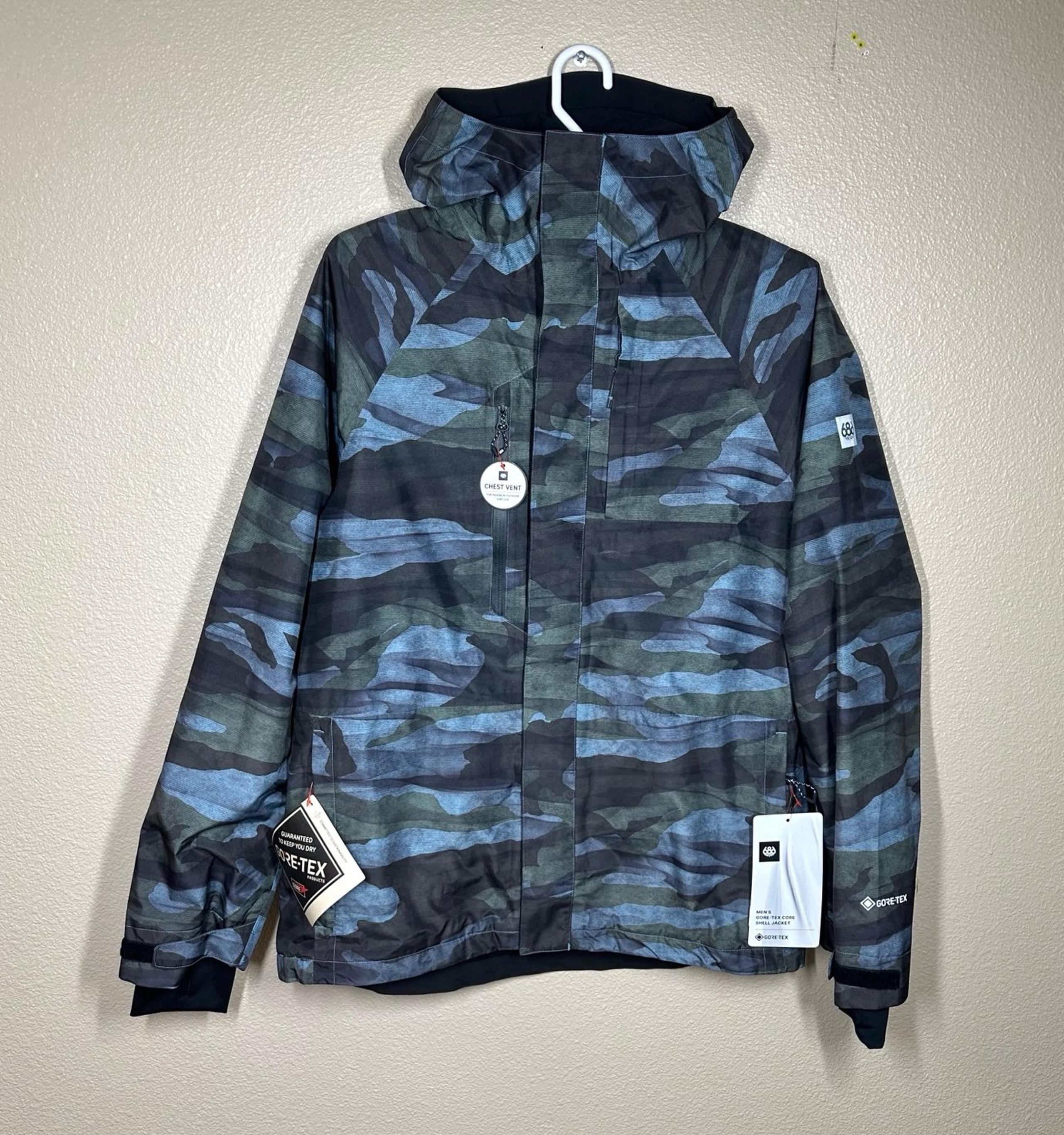 686 GoreTex Core Shell Snowboard Jacket Men's Large Steel Blue Waterland Camo