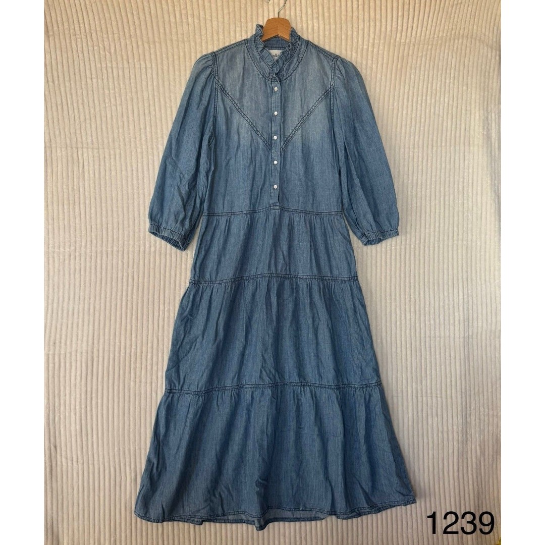 ba&sh Willow Chambray Midi Light Blue Button Denim Dress US Size 4 380 Boho