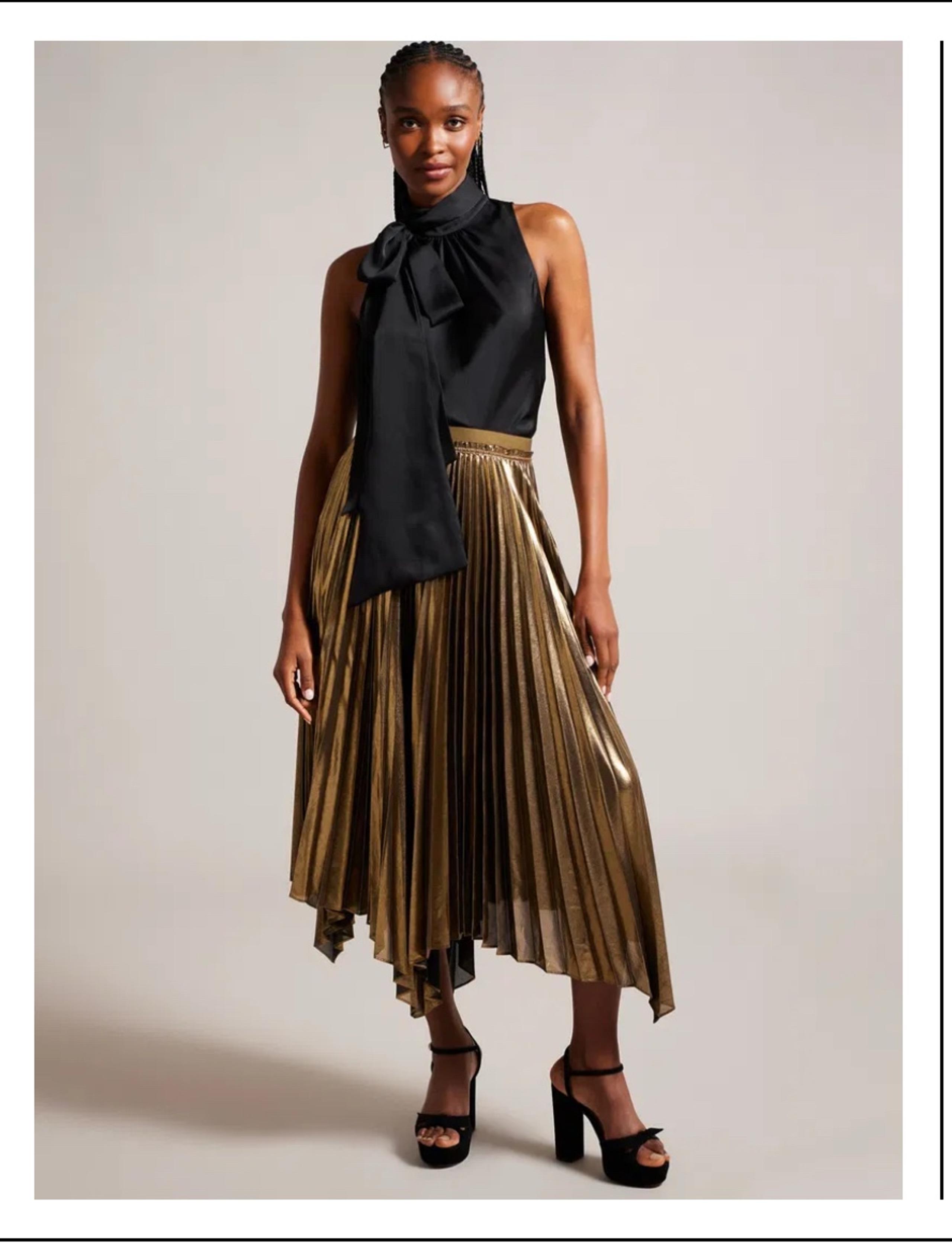 Ted Baker Nattiee Midi Skirt Metallic Pleated Asymmetric Hem Gold Size 10-12