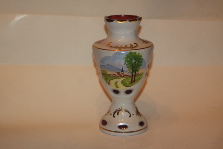 BOHEMIAN MOSER CZECH WHITE CASED CUT TO RED GLASS VASE SCENIC HAND PAINTED