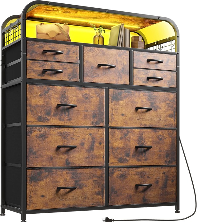 Dresser with LED Lights & Charging Station, 2 Tier Shelves & 4 Hooks