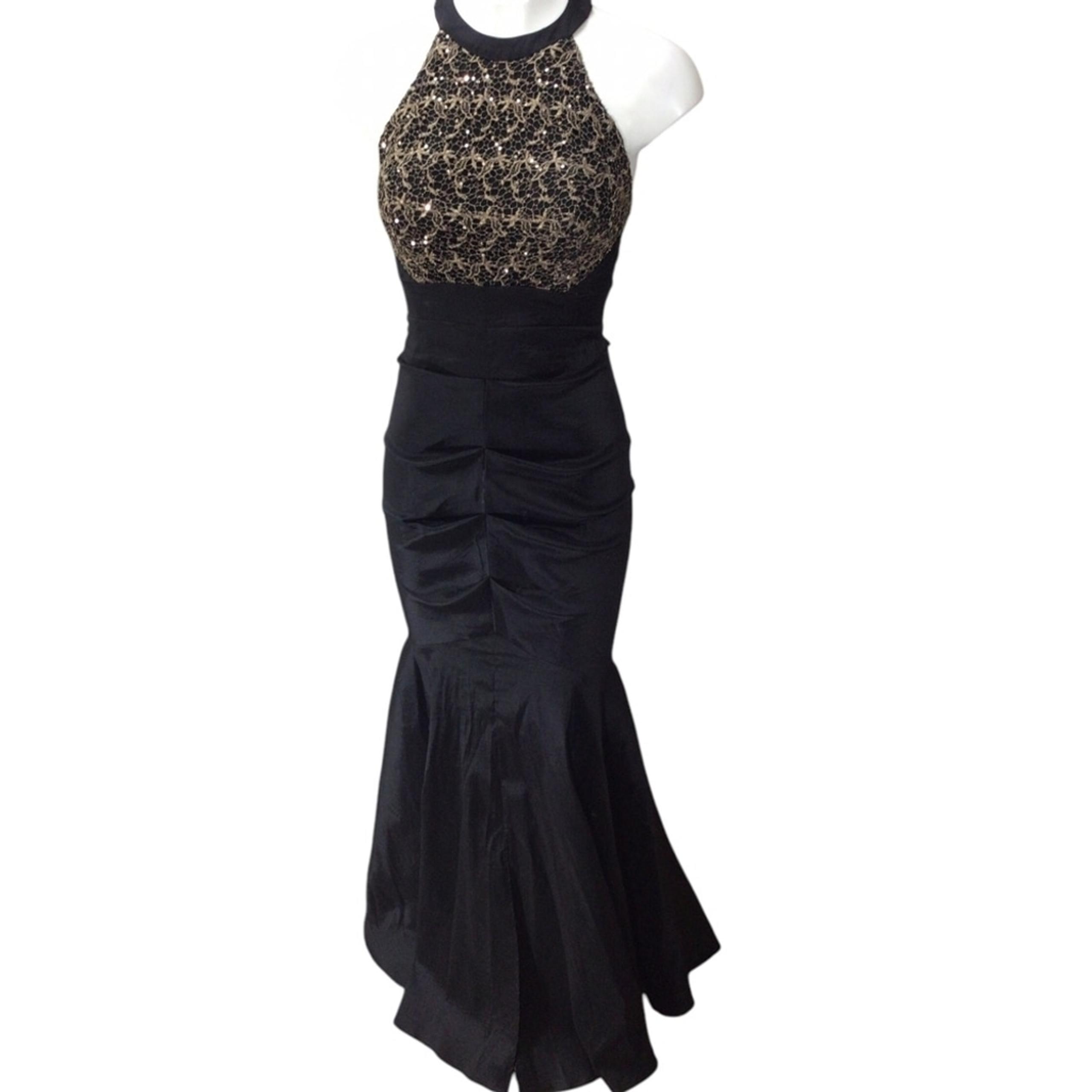 Blondie Nites Black and Gold Embellished Backless Sheath Dress