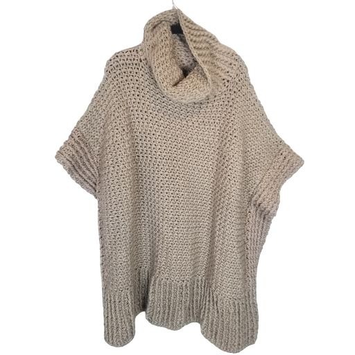 Unbranded Womens OS Tan Handmade Crochet Heavy Knit Turtleneck Poncho Sweater