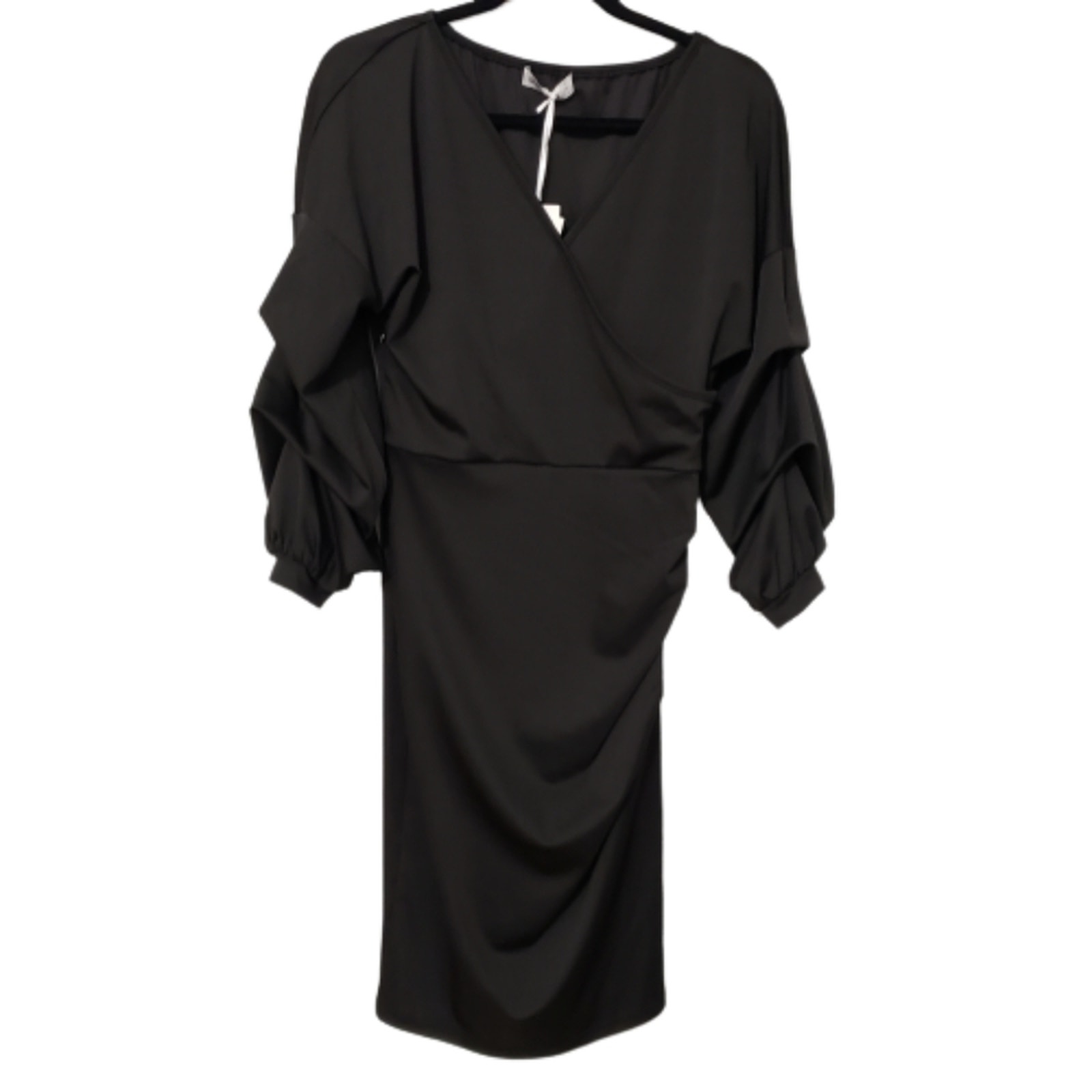 NEW Grace Karin Surplice Black Ruched Puff Sleeve Bodycon Little Black Dress S