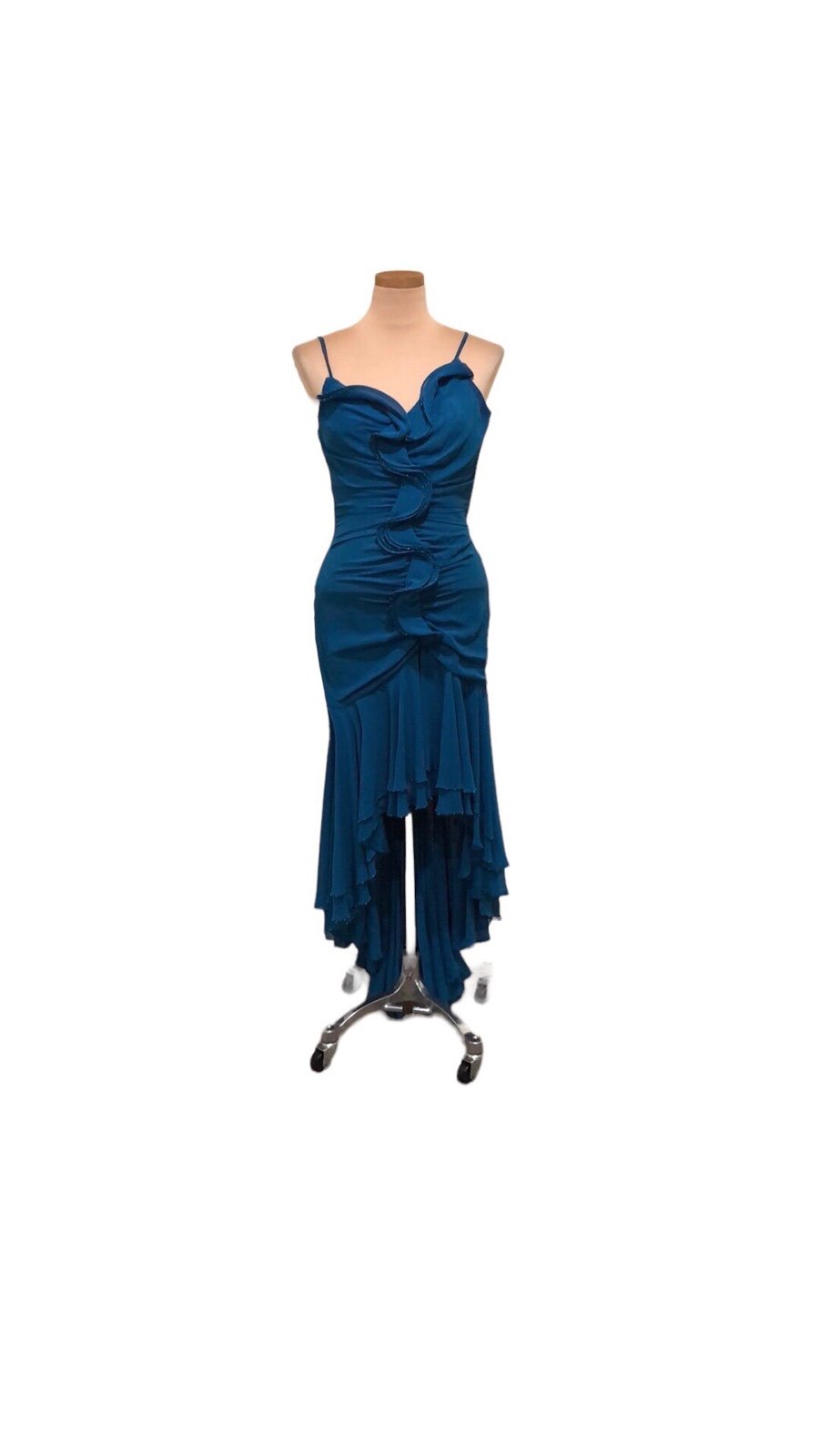 Vintage Y2K Morgan & Co Formal Dress Size XS Teal Blue Ruched Ruffle Hi Low Hem