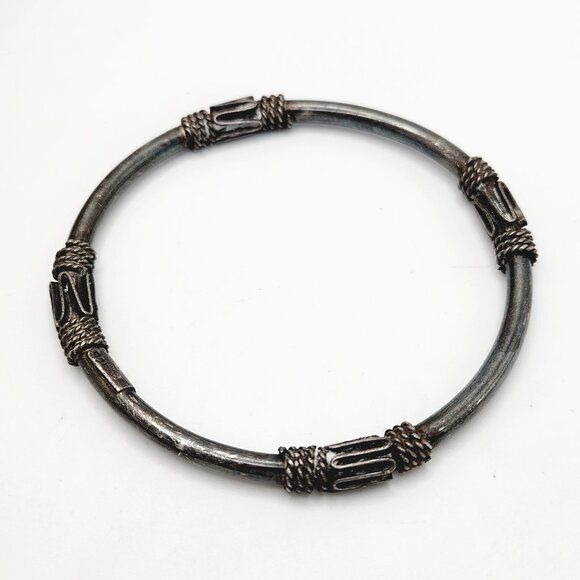 Vintage Taxco Mexico Bali Tribal Wire Solid Sterling Silver 925 Bangle Bracelet