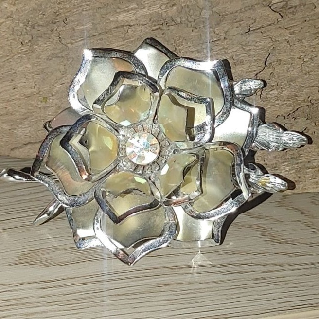 Vintage Pin Floral Large Silver Tone Brooch 1950 Yellow Accent Rhinestone Center
